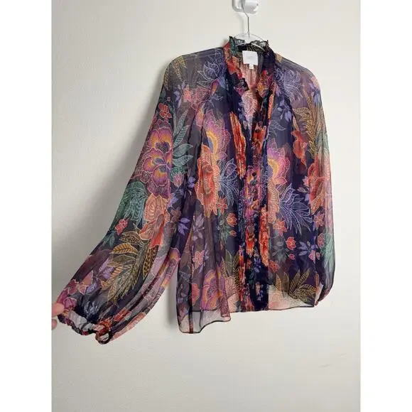 Johnny Was Jade Octavia Floral Silk Blouse Womens Large Oriental Semi Sheer - Picture 8 of 16